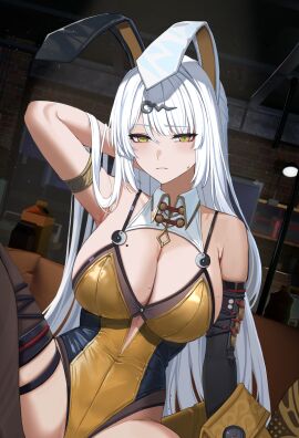 alternate_costume animal_ears arm_up armpits black_gloves breasts closed_mouth elbow_gloves female gaitoou gloves highres indoors knee_up large_breasts leotard light_particles long_hair mole mole_on_breast rabbit_ears single_elbow_glove sitting solo sweatdrop white_hair yellow_eyes yellow_leotard yin_yang_pin yixuan_(zenless_zone_zero) yunkui_summit zenless_zone_zero