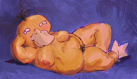 2025 anthro beak belly blush breasts digital_media_(artwork) digital_painting_(artwork) feet female fingering fingering_self generation_1_pokemon head_tuft hi_res looking_at_viewer masturbation membrane_(anatomy) nintendo nude nude_anthro nude_female obese odalisque overweight overweight_female painting_(artwork) pokemon pokemon_(species) psyduck pubes reclining sigmaquack simple_background slightly_chubby slightly_chubby_anthro slightly_chubby_female solo thick_thighs toes tuft webbed_feet