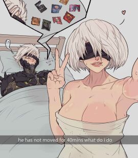 1boy 1girls after_sex blindfold concerned condom_wrapper couple couple_(romantic) crossover cyborg drained eyepatch female guy_tired_after_sex_(meme) male meme metal_gear_rising metal_gear_solid mole mole_under_mouth nier nier:_automata nier_(series) peace_sign raiden_(metal_gear) robot robot_humanoid short_hair snapchat sweat sweatdrop towel towel_wrap v white_hair worried yoracrab yorha_2b