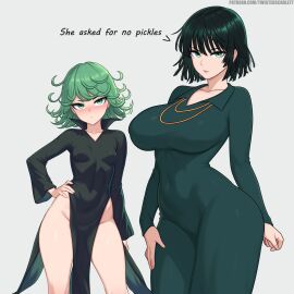 2girls ai_assisted artist_name big_breasts black_dress blush breasts closed_mouth collarbone covered_navel cowboy_shot curly_hair dress english_text female female_only fubuki_(one-punch_man) green_dress green_eyes grey_background grey_hair hand_on_own_hip highleg highres jewelry large_breasts long_sleeves looking_at_viewer matching_hair/eyes multiple_females multiple_girls necklace one-punch_man patreon_username popped_collar shiny_skin short_hair siblings simple_background sisters skin_tight small_breasts standing tatsumaki text twistedscarlett60 watermark web_address