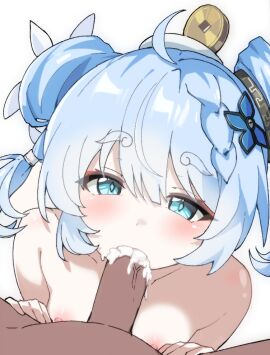 1boy ahoge bare_shoulders blue_eyes blue_hair bow cum cum_in_mouth curly_eyebrows double_bun eyeshadow fellatio female flat_chest gloves hair_bun lancer_(worudrleh1) makeup male money multicolored_hair nipples nude oral penis red_eyeshadow wuthering_waves youhu_(wuthering_waves)