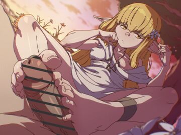1boy :/ bar_censor barefoot blonde_hair censored cloud commentary dusk dutch_angle elf erection feet female flexible_toes flower foot_focus footjob funen_gomi funen_gomi_m gold_anklet highres holding holding_flower holding_with_feet jewelry long_hair long_pointy_ears looking_to_the_side male outdoors penis pointy_ears pov pov_crotch robe serie_(sousou_no_frieren) sitting sousou_no_frieren toes tree veins veiny_penis white_robe yellow_eyes