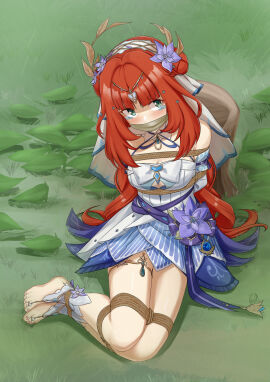 ankles_bound arms_behind_back blush bondage feet female genshin_impact nilou_(genshin_impact) red_hair tears toes vaka