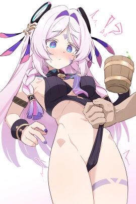 1girls beer blue_eyes breasts cameltoe citlali_(genshin_impact) clothes_lift clothes_pull donutman female female_focus genshin_impact male pink_hair pussy solo_focus wedgie