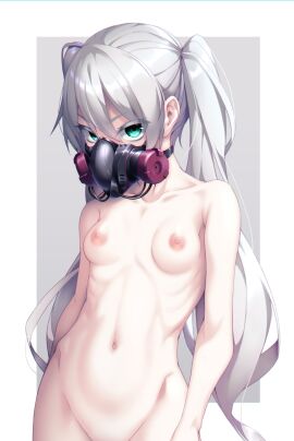 aqua_eyes arms background bangs bondage breasts collarbone eyebrows eyes female gas_mask grey_hair hatsune_miku long_hair looking looking_at_viewer mask navel nipples nude silver_hair small_breasts solo standing twintails vocaloid