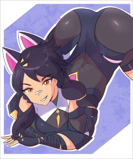 1girls all_fours ass ass_up black_hair cat_ears clothed erisa_(fortnite) face_down_ass_up female fortnite fully_clothed legs looking_at_viewer on_all_fours smiling solo solo_female spread_legs