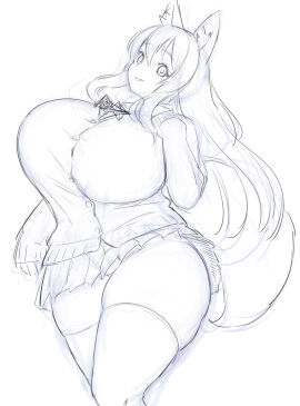 1girls 2025 absolute_territory big_breasts breasts buttons curvy female female_only fox fox_ears fox_girl fox_tail fully_clothed futon_(artist) hand_on_breast hand_on_chest hourglass_figure huge_breasts kemonomimi long_hair long_hair_female long_sleeves looking_at_viewer miniskirt monochrome school_uniform schoolgirl skirt solo_female thick_thighs thighhighs thighs white_background