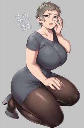 1girls ass big_ass big_breasts breasts female formal_wear heels leggings legwear looking_at_viewer mature_female original ryo_agawa short_hair skirt solo solo_female