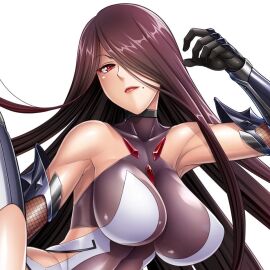 armpits bare_shoulders battle_suit battlesuit bodysuit breasts brown_hair color female female_focus female_only fishnet_gloves fuuma_saika game_cg gauntlets hair_covering_eye hair_covering_one_eye hair_over_one_eye huge_breasts long_hair mole mole_under_mouth one_eye_covered open_mouth red_eyes saika_fuuma sleeveless sleeveless_bodysuit taimanin_(series) taimanin_rpgx tight_bodysuit tight_clothing upper_body zol