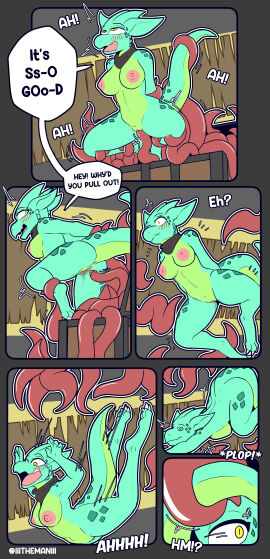 2024 absurd_res anthro ass blush bodily_fluids breasts comic contact_onomatopoeia duo english_text exclamation_point female female_penetrated genital_fluids genitals green_body hi_res horn impact_onomatopoeia kobold mimic mimic_chest mostly_nude nipples onomatopoeia open_mouth penetration plop pussy question_mark restrained restrained_by_tentacles scalie scarf scarf_only screws_(jackie_hiero) sex simple_background sound_effects speech_bubble submissive submissive_female tail tail_grab tentacle tentacle_penetration tentacle_sex text the_man vaginal_penetration yellow_eyes