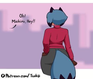 ! !? 1girls animated anthro ass big_breasts blue_hair brand_new_animal clothed dialogue embarrassed female female_focus female_only fetal_movement fluffy_tail frustrated frustration fully_clothed groan groaning hand_on_hip heart heavily_pregnant huge_belly looking_at_viewer michiru_kagemori pregnant pregnant_belly pregnant_female ready_to_pop short_hair side_view skyline solo solo_female solo_focus speech tagme tail tsukiji turning_around video