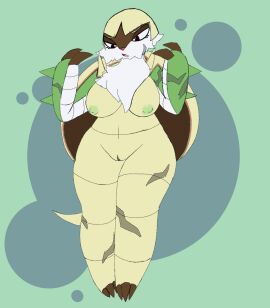 anthro artesjsc big_breasts breasts chesnaught digital_media_(artwork) fanning fanning_self female generation_6_pokemon genitals hi_res nintendo nipples nude open_mouth pokemon pokemon_(species) pussy scarlet_(unearthedchuain) solo tail vulva