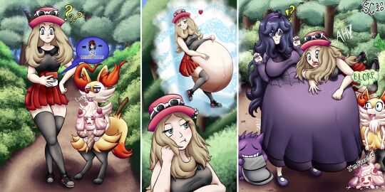 alcremie big_belly braixen calem_(pokemon) digestion fat female female_focus female_pred gengar hex_maniac male male_prey multiple_prey nosebleed oral_vore overweight pokemon pokemon_(species) pokemon_xy serena_(pokemon) spaghetticultists thought_bubble vore vore_belly