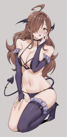 1girls absurdres ahoge alternate_costume armpit_crease bare_shoulders black_bridal_gauntlets black_thighhighs blush breasts bridal_gauntlets brown_hair bygin cleavage collarbone commentary_request demon demon_girl demon_tail demon_wings female full_body green_eyes grey_background hair_over_one_eye hand_on_own_cheek hand_on_own_face head_wings kono_subarashii_sekai_ni_shukufuku_wo! large_breasts long_hair looking_at_viewer navel nose_blush open_mouth pointy_ears seiza simple_background sitting solo succubus tail thighhighs uketsuke_succubus_(konosuba)_(cosplay) wings wiz_(konosuba)