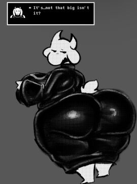 anthro ass big_ass big_breasts breasts clothing disumisu2 english_text female freaky2weak goat greyscale huge_ass large_ass looking_back milf no_background non-human robe tail talking_to_viewer text toriel undertale