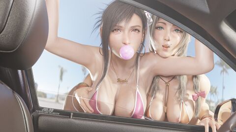 3d aerith_gainsborough big_breasts bikini black_hair blender breasts bubble_gum car cleavage earings female female_only final_fantasy final_fantasy_vii hi_res highres jul3d jul3dnsfw large_breasts long_hair looking_at_viewer makeup nail_polish red_eyes tifa_lockhart