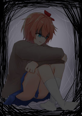 1girls blue_eyes blue_skirt bow clothed clothes clothing doki_doki_literature_club female female_focus female_only hair_bow hairbow just_sayori panties panty_peek red_bow red_hair_bow red_hairbow sad sad_female sayori_(doki_doki_literature_club) skirt socks solo solo_female solo_focus strawberry_blonde_hair tanato7010 white_socks