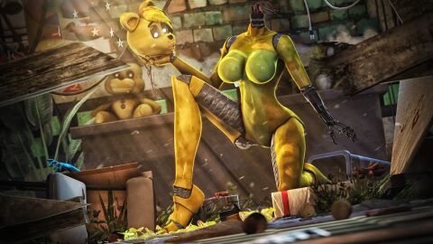 2017 3d 3d_(artwork) 3d_model abandoned_building animatronic anthro bear black_nose doctorred2000 female female_only five_nights_at_freddy's five_nights_at_freddy's_2 furry glowing_eyes golden_freddy golden_freddy_(fnaf) plants robot robotic_hands robotic_legs scottgames solo wire wires yellow_body yellow_hair