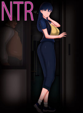 1boy 1girls 3d absurd_res absurdres ass blue_eyes blue_hair breasts dark-skinned_male dark_skin fat_male fat_man female full_body half-closed_eyes heart hi_res high_resolution highres kanou_makoto looking_at_viewer looking_back male text tsuma_netori_(series) tsuma_netori_rei:_boku_no_ayamachi_kanojo_no_sentaku ugly_bastard ugly_man vyrus_smith