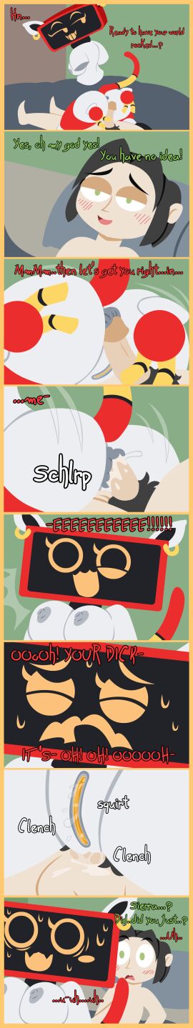 absurd_res anal anal_orgasm anal_penetration anal_sex anthony_(c.c.c.) anthro anus bed bedroom black_hair comic duo english_text female female_orgasm female_penetrated floating_hands for_a_head furniture genitals green_eyes hair hi_res human human/robot long_image machine male male/female mammal monitor_head nipples object_head on_bottom on_top orgasm penis_in_ass piercing premature_ejaculation purple_anus purple_nipples pussy reverse_cowgirl_position robot sex shane_frost sierra_(shane_frost) tall_image text white_body yellow_pussy