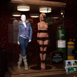 1girls 3d arms_at_sides asleep barefoot bound bound_arms bound_legs bound_neck breasts captured captured_heroine chloroform clothes_removed completely_nude defeated defeated_heroine display display_case english_text eyes_closed feet female forniphilia gas_mask helpless helpless_female human_furniture human_trophy immobile indoors jessica_riley legs_together living_statue living_trophy mannequin midriff name_tag nipples nude nude_female oldmanjaay overhead_light permanent_bondage plaque pussy pussy_obscured sign solo_female stasis_chamber stationary_restraints stripped stripped_naked suspension suspension_bondage text trophy_case unconscious until_dawn