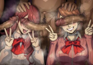 2girls 3boys after_transformation big_breasts big_penis breasts brown_hair cant_see_the_haters censored clothed_female_nude_male dark-skinned_male dark_penis dark_skin dick_on_face double_peace_sign double_v double_v_sign female huge_cock iwao178 large_penis male megami_tensei mitsuru_kirijo mosaic_censoring multiple_boys multiple_females multiple_girls multiple_males multiple_penises peace_sign penis penis_over_eyes persona persona_3 post-transformation pubic_hair pubic_hair_in_mouth red_hair school_uniform straight stray_pubic_hair sweat transformation v v_sign yukari_takeba