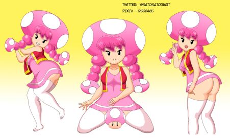 1girls ass big_ass bottomless censor clothed female female_only gradient_background hair hips looking_at_viewer looking_back mario_(series) mob_face mushroom mushroom_cap mushroom_girl mushroom_humanoid nintendo pink_hair satorisato sitting socks thick_ass toadette twintails yellow_background
