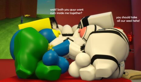 1girls 2futas 3d acorn_hair ass balls big_ass big_breasts big_penis black_hair breasts dialogue double_penetration double_vaginal english_text female futa_on_female futanari huge_balls huge_breasts huge_cock intersex noob penetration penis penises_touching pussy roblox roblox_avatar robloxian tagme tagme_(artist) text thick_thighs threesome white_body