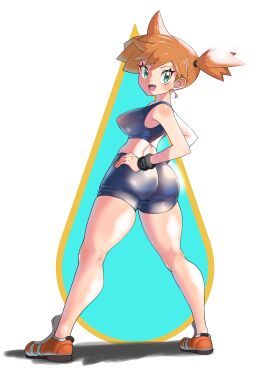 ass asymmetrical_hair bike_shorts bikini blue_bikini blue_rubber blush bra breasts creatures_(company) eyelashes female female_focus from_behind full_body game_freak gen_1_pokemon green_eyes gym_leader hair_tie hands_on_own_hips huge_ass human kasumi_(pokemon) large_breasts legs looking_at_viewer looking_back nintendo nipples open_mouth orange_hair png pokemon pokemon_frlg ponytail raida_(fmuc5473) rubber rubber_bra rubber_clothing rubber_shorts shiny_skin shoes short_hair short_shorts shorts side_ponytail simple_background smile sneakers solo sports_bra standing swimsuit thick_thighs thighs tongue underwear white_background wristband