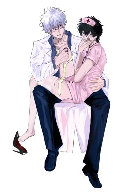 2boys alternate_costume black_hair cigarette crossdressing doctor full_body fully_clothed gay gintama gintoki_sakata glasses high_heels hijikata_toshiro labcoat looking_at_viewer male male_only n1col3channn nurse nurse_cap nurse_uniform sitting sitting_on_lap sitting_on_person smile smoking stethoscope thighhighs white_hair yaoi