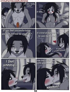 american_opossum anthro artist_name belly black_body black_eyes black_fur black_hair black_nose blonde_hair breasts canid canine canis claws comic dialogue digital_media_(artwork) dizzy_eyes domestic_cat duo english_text evelyne_(spikethefurry) felid feline felis female fur genitals grey_body grey_fur group hair hi_res hybrid kia_(spikethefurry) male mammal marsupial monochrome nipples nude paws penis pink_nose red_penis simple_background spike_(spikethefurry) spike_the_furry tail text trio url virginia_opossum white_body white_fur wolfdog