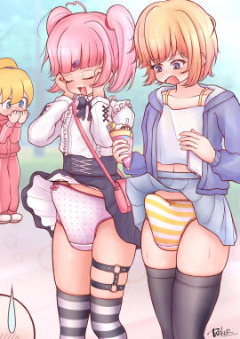 2boys 2femboys barely_contained big_bulge big_penis black_legwear blonde_hair blush bulge crossdressing erection exhibitionism femboy frilly_clothing gothic_lolita gust_of_wind hair_ornament handbag huge_bulge hung_femboy hung_trap ice_cream leg_strap male male_symbol otoko_no_ko panties parker parker_(noparking2310) penis penis_poking_out penis_size_difference pink_hair skirt_lift striped_legwear striped_panties surprised sweaty_thighs thighhighs trap twintails upskirt wind_blowing_skirt