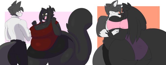 2022 5_fingers allyson_(dewwydarts) allyson_(dewwydartz) anthro ass bbw belly big_ass big_belly big_breasts black_body black_bottomwear black_clothing black_fur black_hair black_pants black_skirt bottomwear breasts bubble_ass bubble_butt bubble_buttdewwydarts businesswear canid canine canis cleavage clothed clothing dew_(dewwydarts) dewwy_(dewwydartz) dewwydarts dewwydartz domestic_cat duo felid feline felis female fingers fur furry grey_body grey_fur grey_hair hair happy hi_res huge_ass huge_breasts huge_thighs looking_at_another male mammal open_mouth open_smile overweight overweight_anthro overweight_female pants pencil_skirt red_clothing red_topwear shirt simple_background skirt smile standing tagme thick_thighs topwear white_clothing white_shirt white_topwear wide_hips wolf yellow_eyes
