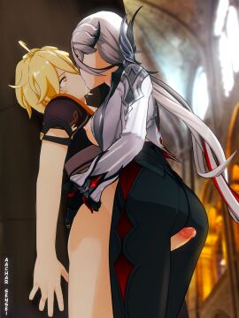1boy 1girls 3d aacharsensei absurd_res aether_(genshin_impact) arlecchino_(genshin_impact) blonde_hair clothed_sex female femdom kissing light_skin male pants partially_clothed penis_between_thighs saliva_trail silver_hair straight thigh_sex