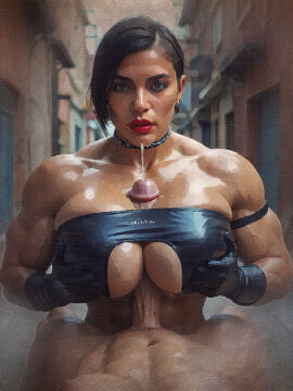 1boy 1boy1girl 1girls ai_assisted ai_generated alley ambiguous_race asymmetrical_hair bandeau black_eyeshadow black_hair choker cleavage_cutout cum cum_outside ejaculation ejaculation_between_breasts eyeshadow faceless_male female/male female_on_male female_on_top gloves grey_eyes hetero hetero_sex heterosexual huge_cock large_breasts leather leather_bikini leather_gloves light-skinned_male lipstick long_gloves looking_at_partner looking_at_viewer male_on_bottom muscular muscular_female muscular_male native_american_female noirette oc oiled oiled_body oiled_skin original_character paizuri penis pov red_lipstick short_hair stoic straight straight_hair straight_sex tan-skinned_female titfuck titjob