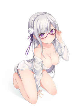 1girls arm_between_legs bare_legs bare_thighs barefoot big_breasts blush body_blush braided_hair breasts cleavage collarbone dress_shirt echiru39 elf emilia_(re:zero) feet female glasses long_hair long_sleeves naked_shirt no_bra no_panties no_pants off_shoulder on_knees open_shirt parted_lips pointy_ears purple_eyes re:zero_kara_hajimeru_isekai_seikatsu shiny_skin solo thighs toes white_hair
