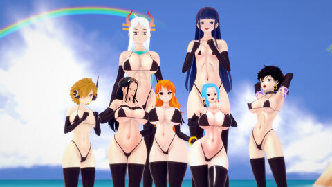 3d adult_swim artist_request big_breasts big_penis breasts bulge doll_(one_piece) female femboy flat_chest kikunojo koikatsu male matching_outfit miss_diantha multiple_females multiple_girls nami_(one_piece) nefertari_vivi nico_robin nico_robin_(egghead) one_piece one_piece:_egghead_arc penis post-timeskip rainbow shounen_jump thingorthree toonami yamato_(one_piece)