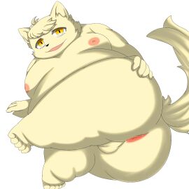 anthro anus ass backsack balls ballsack belly boron_brioche cyberconnect2 domestic_cat felid feline felineko felis fuga:_melodies_of_steel fur genitals hi_res kemoduelist little_tail_bronx male mammal moobs nipples nude overweight presenting presenting_anus solo spread_ass spread_butt spreading yellow_body yellow_eyes yellow_fur