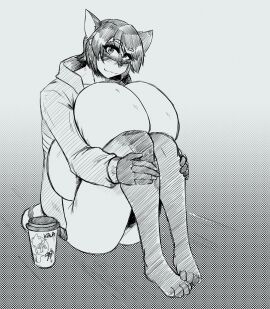 2025 anthro anuki bear big_breasts breasts clothed clothing coffee_cup container cup female giant_panda hi_res holding_both_knees holding_both_legs hoodie huge_breasts hyper hyper_breasts looking_at_viewer mammal open_clothing open_hoodie open_topwear sitting sitting_on_ground solo topwear