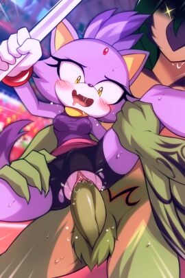 anthro avian big_breasts biped blaze_the_cat blush bottomwear breasts clothed clothing domestic_cat duo eyelashes felid feline felis female genitals hi_res majin_mark male male/female mammal open_mouth penetration penile penile_penetration penis pupils purple_body pussy sega sex smile sonic_(series) sonic_the_hedgehog_(series) thick_thighs vaginal_penetration vulva wildblur