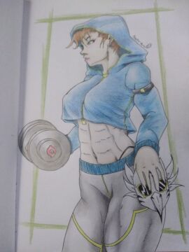 2020 abs breasts brown_hair clothing drawing_on_paper el_diario_de_jonathan female green_eyes lord_frinck mask medium_breasts muscular muscular_female saora short_hair thick_thighs thighs traditional_media_(artwork)