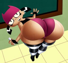 1girls 2d 2d_(artwork) 2d_artwork ass beanie bent_over big_ass big_butt black_hair bubble_ass bubble_butt chalk chalkboard classroom clothed clothed_female clothes clothing doompypomp ear_piercing female female_focus female_only hair light-skinned_female light_skin looking_at_viewer looking_back my_life_as_a_teenage_robot open_mouth pink_beanie short_hair short_shorts solo solo_female solo_focus sweat sweatdrop sweating sweaty thick thick_ass thick_thighs thigh_highs thighhighs thighs thunder_thighs thunderthighs tiff_crust
