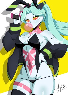 1girls 2d bikini breasts cyberpunk:_edgerunners cyberpunk_2077 female female_only firearm green_hair handgun human jacket navel netflix outerwear pale_skin playboy_bunny rabbit rabbit_ears rebecca_(edgerunners) red_eyes robot robot_girl solo teal_hair thick_thighs thighhighs vdrawstuff weapon