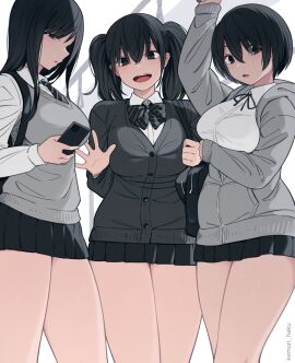 3girls black_hair breasts female female_only kemuri_haku large_breasts miniskirt multiple_females multiple_girls school_uniform schoolgirl short_hair short_skirt skirt thick_thighs twintails uniform