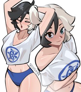 1girls 2d arms_under_breasts ass belly_button big_ass big_breasts blue_panties blush breasts clothed clothed_female eyelashes eyes_closed female female_only heterochromia large_breasts looking_at_viewer looking_up_at_viewer luna_snow luna_snow_(marvel_rivals) marvel marvel_comics marvel_rivals multicolored_hair nightwear one_shoulder_exposed panties selvish94 shirt_slip sleepy solo_female stretching stretching_arms thick_thighs tired underwear