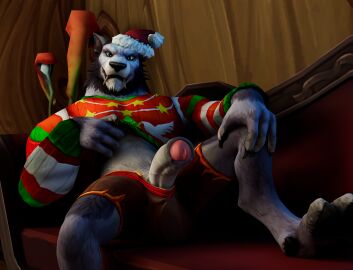 absurd_res anthro blizzard_entertainment bulge canid canine canis foreskin fur genitals green_eyes grey_body grey_fur hi_res humanoid_genitalia humanoid_penis inside male mammal nuber nude penis solo warcraft werecanid werecreature wolf worgen