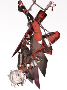 arms_behind_back bent_leg bondage bound bound_legs genshin_impact kaedehara_kazuha looking_at_viewer male male_only nervous red_eyes red_hair red_socks rope_bondage sandals shibari shibari_over_clothes shy solo solo_male suspended suspension suspension_bondage thigh_highs thighhighs tied_up umbrella upside-down white_hair yakipaimon