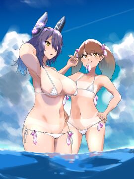 2girls 4me_4ma absurdres alternate_costume armpits bare_shoulders big_breasts bikini blue_hair breasts brown_eyes brown_hair cleavage cloud condom contrail day eyepatch female gradient_hair hand_on_own_hip hands_in_hair headgear highres holding kantai_collection large_breasts looking_at_viewer micro_bikini multicolored_hair multiple_females multiple_girls navel open_mouth outdoors purple_hair ryuujou_(kantai_collection) sky swimsuit tenryuu_(kantai_collection) tenryuu_(swimsuit_mode)_(kantai_collection) twintails used_condom wading white_bikini yellow_eyes