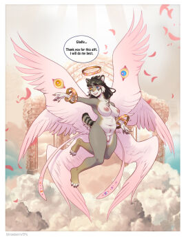 2024 after_transformation angel anthro big_breasts border breasts claws cloud dialogue digital_media_(artwork) english_text feathered_wings feathers felid feline fingerpads flaccid flying futanari genitals halo intersex mammal multi_wing navel nude outside pawpads penis post-transformation slightly_chubby smile solo strawberrytfs tail text transformation white_border wings