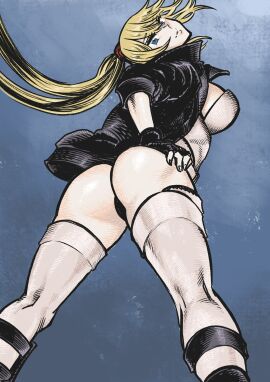 1girls ass back belt black_gloves black_jacket blonde_hair blue_eyes breasts commentary cosplay crossover female female_only fingerless_gloves from_below ghost_in_the_shell gloves highleg highleg_leotard highres jacket kusanagi_motoko kusanagi_motoko_(cosplay) large_breasts leather leather_jacket legs legs_apart leotard long_hair looking_at_viewer metroid nintendo open_clothes open_jacket ponytail samus_aran solo standing strapless strapless_leotard super_metroid thighhighs thighs tsunamino_yuu white_thighhighs